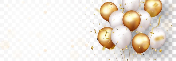 Celebration banner with gold confetti and balloons