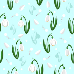 Snowdrops on turquoise blue background spring petals  pattern vector
