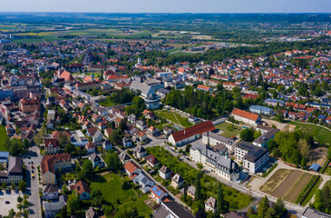 Aerial view of the city Altötting in Germany, Bavaria on a sunny spring day noon.	