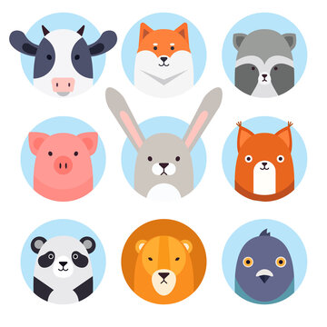 Cartoon animal, bird round stickers, avatars. Flat style vector illustrations clipart collection of cute animals characters. Pets, farm, zoo icon set for baby clothes, card, invitation templates.