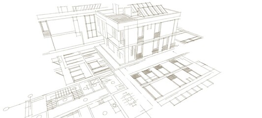 Fototapeta na wymiar traditional modern house sketch 3d illustration