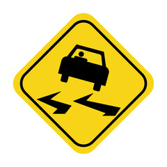 Naklejka premium Slippery When Wet Sign. Slippery Road Sign. Road Flooding Sign. Slippery road sign on yellow traffic label. All in a single layer. Vector illustration.