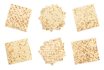 Set with Passover matzos on white background, top view. Pesach celebration