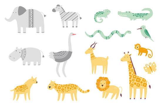 Set of cute african zoo animals giraffe, zebra, lion, bird, elephant, snake, lizard, cheetah, crocodile. Flat and simple design style for baby, children illustration.