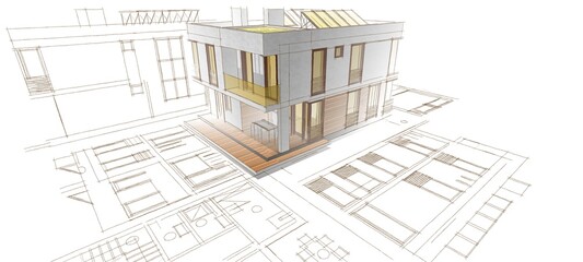 Fototapeta na wymiar traditional modern house sketch 3d illustration