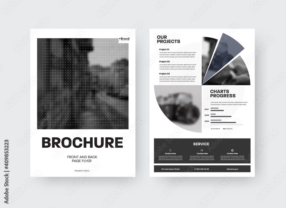 Poster brochure template with place for photo, round inserts, presentation of vector creative design on whi