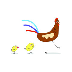 Vector cartoon  illustration There is a mother hen, followed by two small yellow chickens. Can be used with Easter theme on postcards, brochures, posters, notebooks, websites