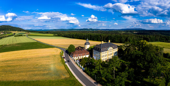 Aerial view, J&auml;gersburg Castle, Eggolsheim municipality, Franconia, Bavaria, Germany,