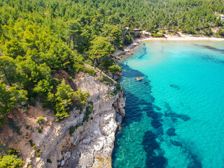 Fototapeta na wymiar Aerial drone view over Chrisi Milia beach and the rocky surrounded area in Alonnisos island, Sporades, Greece