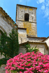 Notre Dame of Romigier Church and red rosebay at Manosque, is the largest town and commune in the Alpes-de-Haute-Provence department in southeastern France 