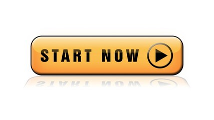 START NOW lettering - orange button with reflections on the floor - isolated on white background - 3D Illustration