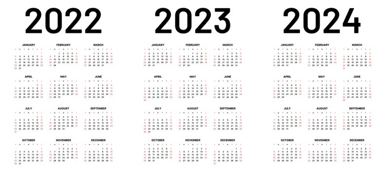 Monthly calendar template for 2022, 2023 and 2024 years. Week Starts on Sunday. Wall calendar in a minimalist style.