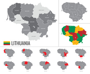 Detailed vector map of regions of Lithuania with flag