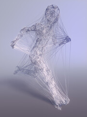 Abstract 3d rendering digital illustration of a running man from particles and lines on white backgrounds