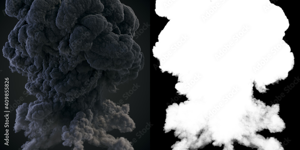 Poster large plumes of dark smoke with alpha channel matte. 3d rendering illustration