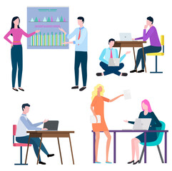 Working characters in office vector, set of people busy with tasks and assignments. Presentation with charts and analysis of information, presenters boss