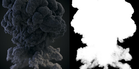 Large plumes of dark smoke with alpha channel matte. 3d rendering illustration