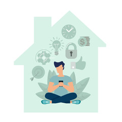 Vector illustration selfisolation in house, concept of meditation workflow, health benefits for body, mind and emotions, lotus position, thought process, start and search for ideas.