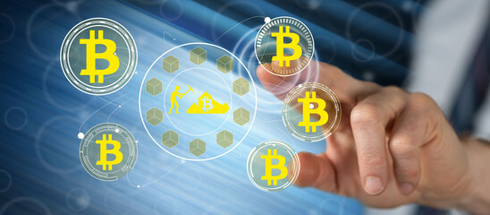 Man touching a bitcoin mining concept