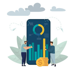 Financial mobile coin transactions, non-cash payment infographic. Pos-terminal and payment systems, currency, coins, NFC payment system - Vector money transfer