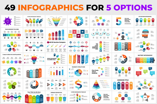 49 Infographics for 5 options. Arrows elements, circle diagrams charts, 3D timelines. Presentation slide templates. Marketing or business, medicine and ecology. Coronavirus vaccination. 