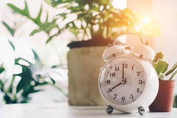 Selective focus of alarm clock show 8 o'clock or 8 a.m. on table with nature bokeh background. Time in life.