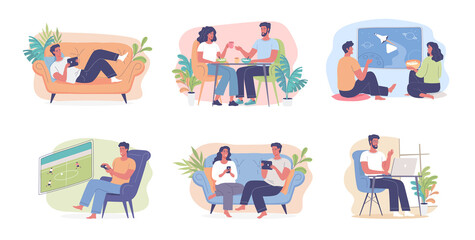 Young people couple rest at home vector illustration