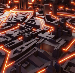 3D Render abstract modern city with neon street lines representing transport, network connections. Business, technology, modern life concept illustration
