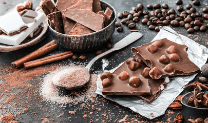 Chocolate in plates and spices in the spoons on black table