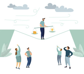 Fototapeta na wymiar Tightrope walker walking on rope over the abyss. Vector illustration of groups of people who invest in the idea on a swing, money balance and idea balance rocker