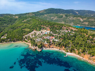 Aerial drone view over Chrisi Milia beach and the rocky surrounded area in Alonnisos island, Sporades, Greece
