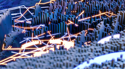 Sci - Fi, Voxel colourful abstract background Business  and technology concept. Illuminated cubes 3D render. Business  and technology concept background with neon lights