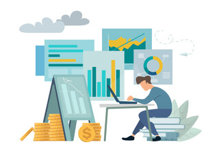 vector illustration of young businessman sitting on stack of books, office worker are studying the infographic, the analysis of the evolutionary scale, golden coins, easel with drawing