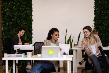 Group of a young female freelancers working in an office while sitting at a table with colleagues.