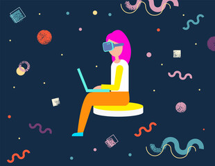 Female character with glasses virtual reality sees space with geometrical shapes. Vector flat cartoon illustration with a girl sitting with laptop. VR gaming, video gaming, online games entertainment