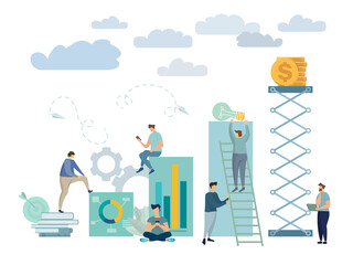 Several people run to their goal on the column of columns, move up motivation, the path to the target's achievement. Staff to achieve goals. Vector illustration