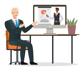 Businessman talking to partner via video call, online conference. A man sitting at a table with a computer, communication with a colleague via webcam, telecommunication, business negotiations
