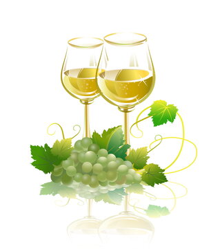 Two glasses of white wine and green grapes. Vector illustration.
