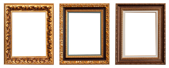 Set of gilded antique picture frames isolated on white background.