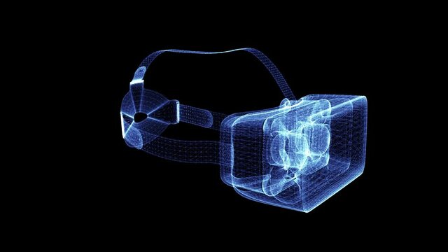 Hologram of a modern VR headset. 3D animation of virtual reality helmet on a black background with a seamless loop