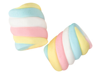 Fluffy Colorful marshmallows candy isolated on white background. Huge, big marshmallow macro top...