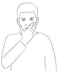 Sketch portrait of a guy who covers his mouth with his hand