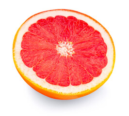 Grapefruit half isolated on white background. Ripe pink grapefruit citrus fruit