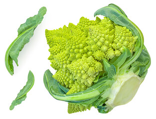 Romanesco broccoli isolated on white background. Creative layout made of Roman cauliflower with green leaves. Flat lay. Top view