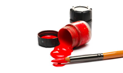 Red printer color paint with bottle container and paintbrush isolated on white background