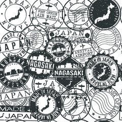 Nagasaki Japan Stamps Background. City Stamp Vector Art. Postal Passport Travel. Design Set Pattern.