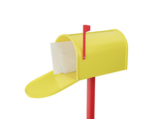 Mailbox with letters. Open yellow postbox. 3d rendering.
