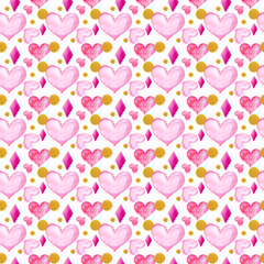 Watercolor illustration. Seamless pattern of pink hearts. Design in pink style with heart-shaped elements. Seamless pattern for paper, fabric, etc.