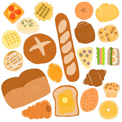 日本のパン屋さんのパン　水彩画風　色々な種類のセット
