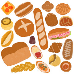 フランスのパン屋さんのパン　水彩画風　色々な種類のセット
